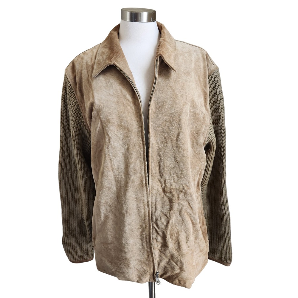 Isda & Co Womens Suede Leather Jacket‎ Large Beige Elbow Patch Knit Long Sleeve
